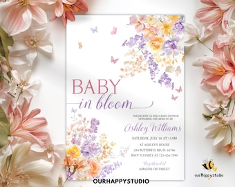 Invitación editable para baby shower con tema "Baby In Bloom", invitación con mariposas para niña, plantilla de flores silvestres con mariposas, plantilla BBS1