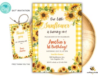 May include: A yellow and white gingham patterned invitation with sunflowers and the text "Our Little Sunflower is turning one!"  Amelia's 1st Birthday! Saturday, July 25, at 2 PM. Amelia's house 268 Sunflowers Ave, Los Angeles, CA RSVP to Kelly at 123-456-7890.  A matching thank you tag with the text "Thank you for celebrating with me! Love, Amelia".