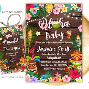 May include: A tropical themed baby shower invitation with a wooden background, floral accents, and the text "Aloha Baby". The invitation includes the name "Jasmine Smith", the date "Saturday, July 15 at 1pm", the location "Railay Beach", and the address "328 Beach Drive, FL 98527". The invitation also includes the RSVP information "Rsup Lucy at 123-456-7890" and the registry information "Registered at Amazon".
