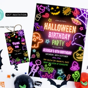Néon modifiable, invitation de fête d'Halloween, lueur, invitation d'anniversaire, invitation d'Halloween, invitation de fête effrayante d'Halloween HW04
