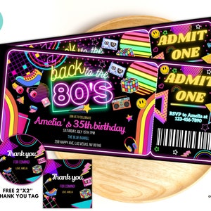 Editable 80s Birthday Party Invitation ticket back to the 80s Neon party glow dance disco 2000s birthday 90s instant download