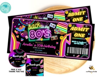 Editable 80s Birthday Party Invitation ticket back to the 80s Neon party glow dance disco 2000s birthday 90s instant download