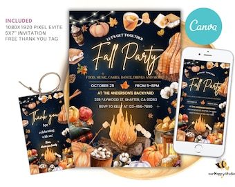 May include: A fall party invitation with a dark blue background, featuring pumpkins, a bonfire, and fall foliage. The invitation includes the text "Let's Get Together Fall Party" and event details. A matching thank you tag and a phone displaying the invitation are also shown.