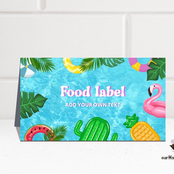 Editable Pool party Food Labels, Swim party place card food tents, Summer party card, Pool food label
