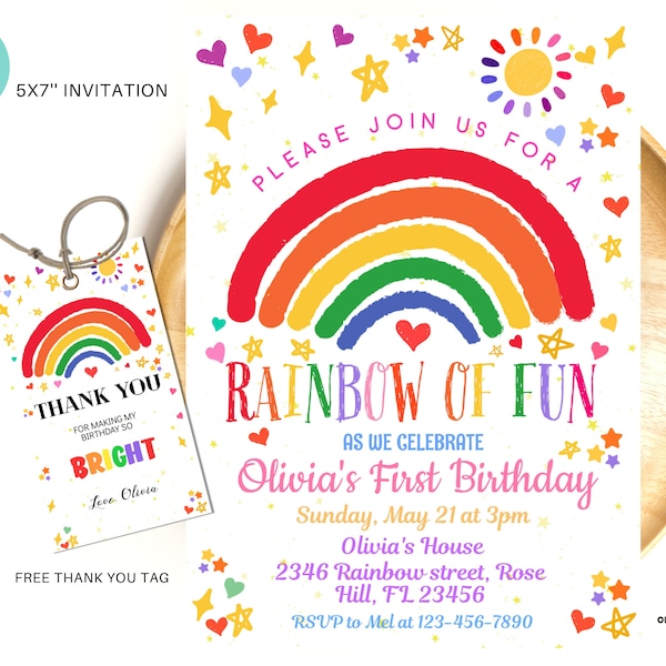 Editable Rainbow Birthday Invitation, Girl Rainbow Party Invites, Rainbow of fun party Digital instant download