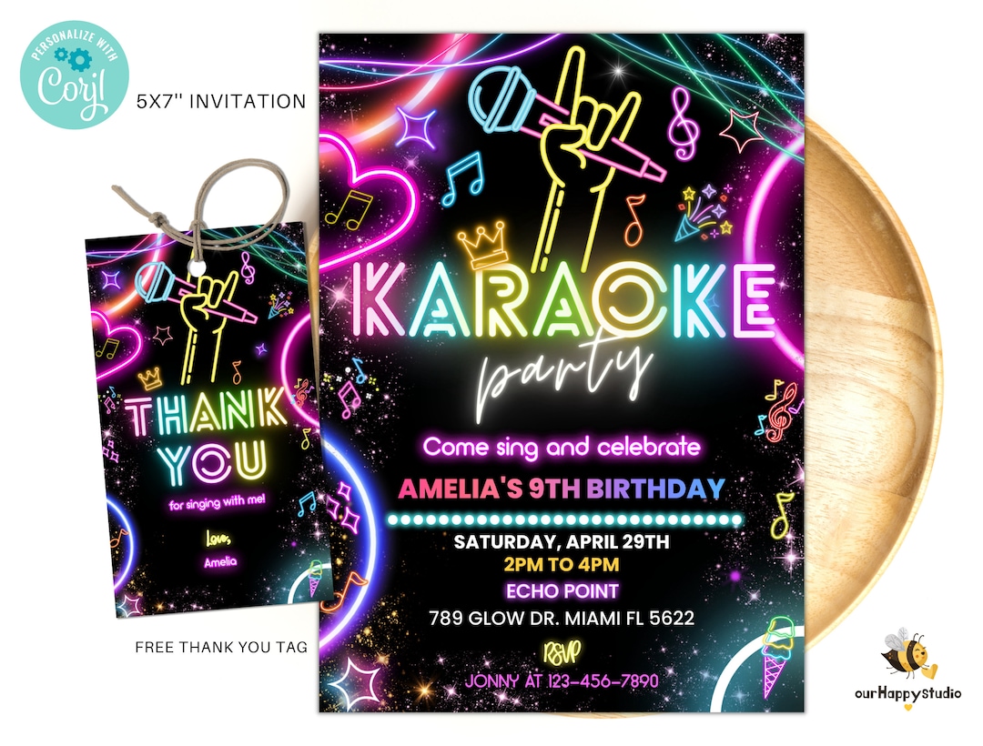 Editable Karaoke Party Birthday Invitation, Glow Karaoke Birthday Party