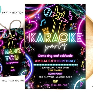 Editable Karaoke Party Birthday Invitation, Glow Karaoke birthday party neon singing music party invite Karaoke and glow instant download 02