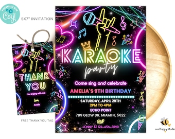 Editable Karaoke Party Birthday Invitation, Glow Karaoke birthday party neon singing music party invite Karaoke and glow instant download 02