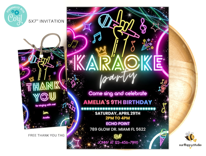 Editable Karaoke Party Birthday Invitation, Glow Karaoke birthday party neon singing music party invite Karaoke and glow instant download 02 image 1