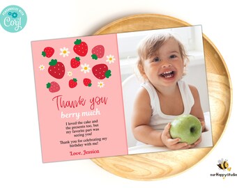 Editable Berry First Thank you card, Strawberry Thank you card with photo, Berry party instant download, fruit girl birthday SB01