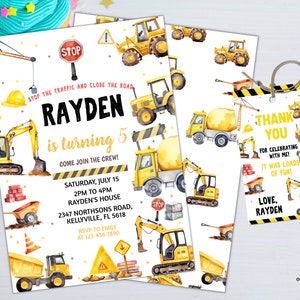 May include: Construction themed birthday party invitation featuring a yellow excavator, bulldozer, and dumper truck. The invitation reads "Rayden is turning 5" and includes the date, time, and location of the party. A matching thank you tag reads "Thank You for celebrating with me! It was loads of fun! Love, Rayden."