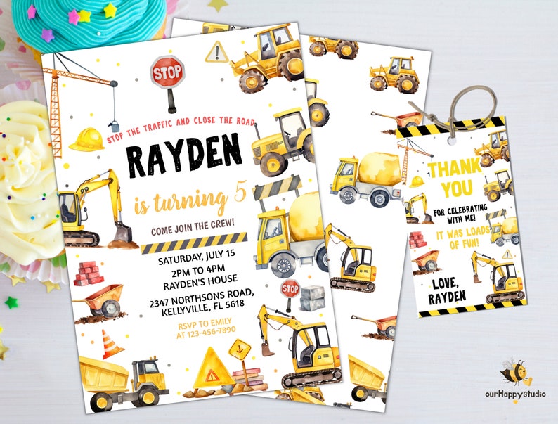 May include: Construction themed birthday party invitation featuring a yellow excavator, bulldozer, and dumper truck. The invitation reads "Rayden is turning 5" and includes the date, time, and location of the party. A matching thank you tag reads "Thank You for celebrating with me! It was loads of fun! Love, Rayden."