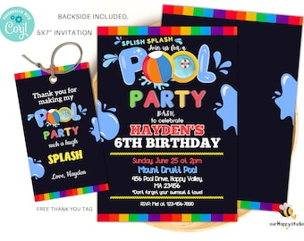 Editable Pool Party Invitation, Rainbow Pool Party Birthday Invites, Summer Swimming Pool party invitations Instant Download