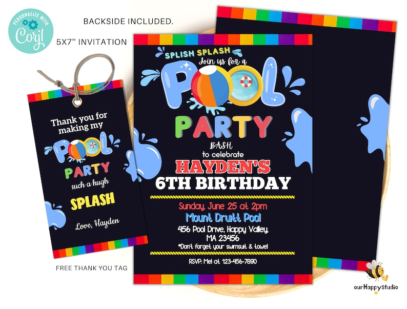 Editable Pool Party Invitation Rainbow Pool Party Birthday Etsy