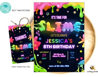 Editable Slime birthday party invitation, Slime invite, Slime party template, Slime birthday invitation, Slime thank you tag 5x7