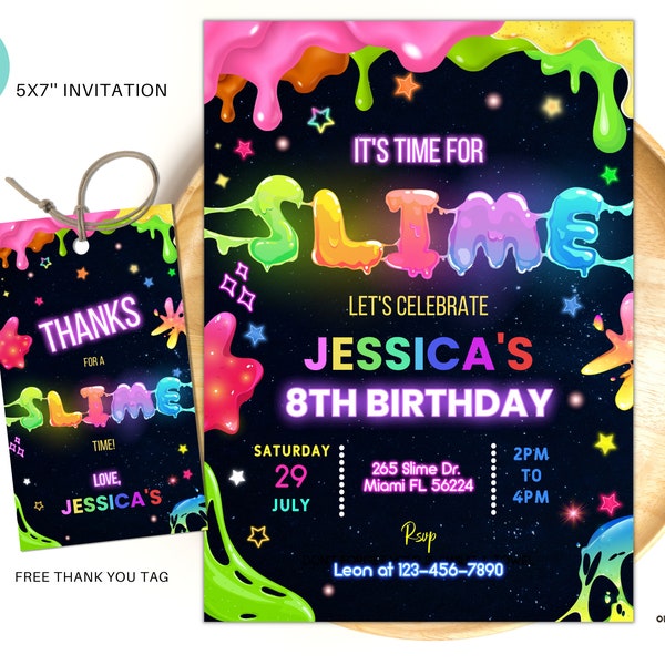 Editable Slime birthday party invitation, Slime invite, Slime party template, Slime birthday invitation, Slime thank you tag 5x7