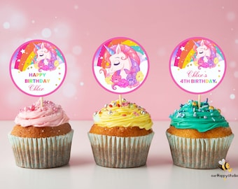 Bearbeitbarer Einhorn Regenbogen Kreis Cupcake Topper, Regenbogen Geschenkanhänger, Einhorn Geburtstagsparty Cupcake Topper 02 sofort herunterladen