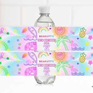 Bearbeitbares Tie Dye Pool Party Wasserflaschenetikett, Glow Birthday Wasserflaschenaufkleber, Sommer-Swim-Party Wasserflaschenetikett sofortiger Download