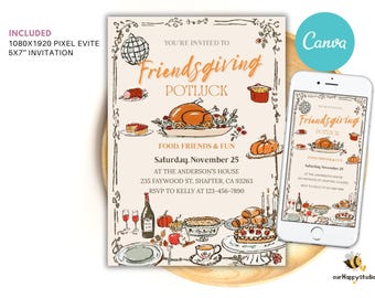 May include: An invitation for a Friendsgiving potluck, featuring illustrations of food items like a turkey, pumpkin, and pie. The invitation includes the text "You're Invited to Friendsgiving Potluck" and event details. A smartphone displays the invitation.