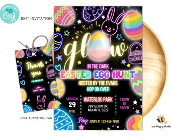 May include: Glow in the dark Easter egg hunt invitation with a neon pink, blue, and yellow color scheme. The invitation features a bunny rabbit, stars, and eggs. The text reads "Glow in the Dark Easter Egg Hunt" and includes the date, time, and location of the event.