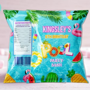 Bearbeitbare Pool Party Chip Tasche Wrapper Tropische Party Gender Neutral Sommer Swim Party Chip Tasche, Schwimmparty Dekor Sofortiger Download DP1
