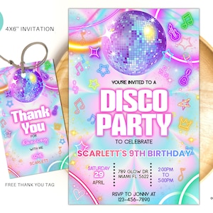Editable Disco Party Birthday Invitation, Tie Dye Disco Gender Neutral Invites, Dance Party Template, Neon Party 4x6 disco party invite