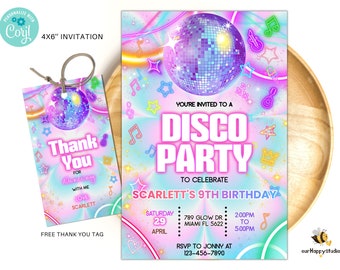 May include: A pink and blue disco party invitation with a glitter ball, neon lights, and stars. The text reads "You're invited to a Disco Party to celebrate Scarlett's 9th Birthday".