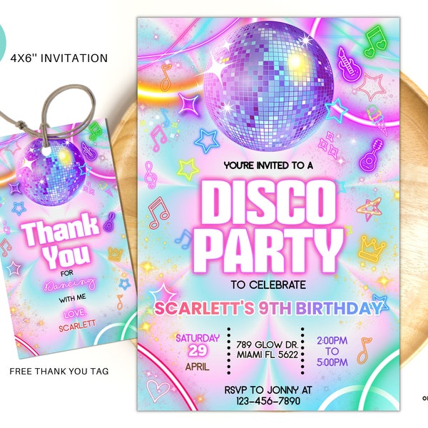 Editable Disco Party Birthday Invitation, Tie Dye Disco Gender Neutral Invites, Dance Party Template, Neon Party 4x6 disco party invite