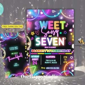 Editable Sweet Sassy and Seven 7th Party Birthday Invitation, Girl 7th birthday Invites, 7th birthday Dance Party Template, Neon invitation