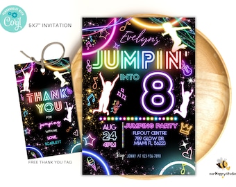Editable Jump Party Birthday Invitation, glow Trampoline party Neutral Invites, bounce house party, Neon Party Invites Editable JP05