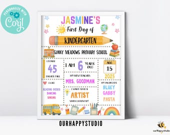 May include: A personalized first day of kindergarten sign for Jasmine. The sign includes the text "Jasmine's First Day of Kindergarten", school name, and details such as height (45 inches), age (6 years), teacher's name, and favorites. The sign is decorated with colorful illustrations.