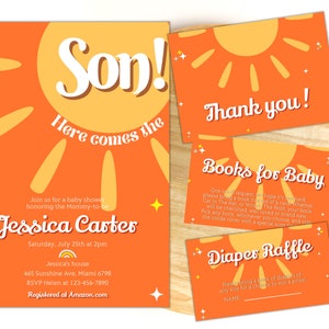 Libro de rifa de pañales editable "Here Comes the Son Sunshine Baby Shower", paquete de tarjetas de agradecimiento, descarga instantánea S05