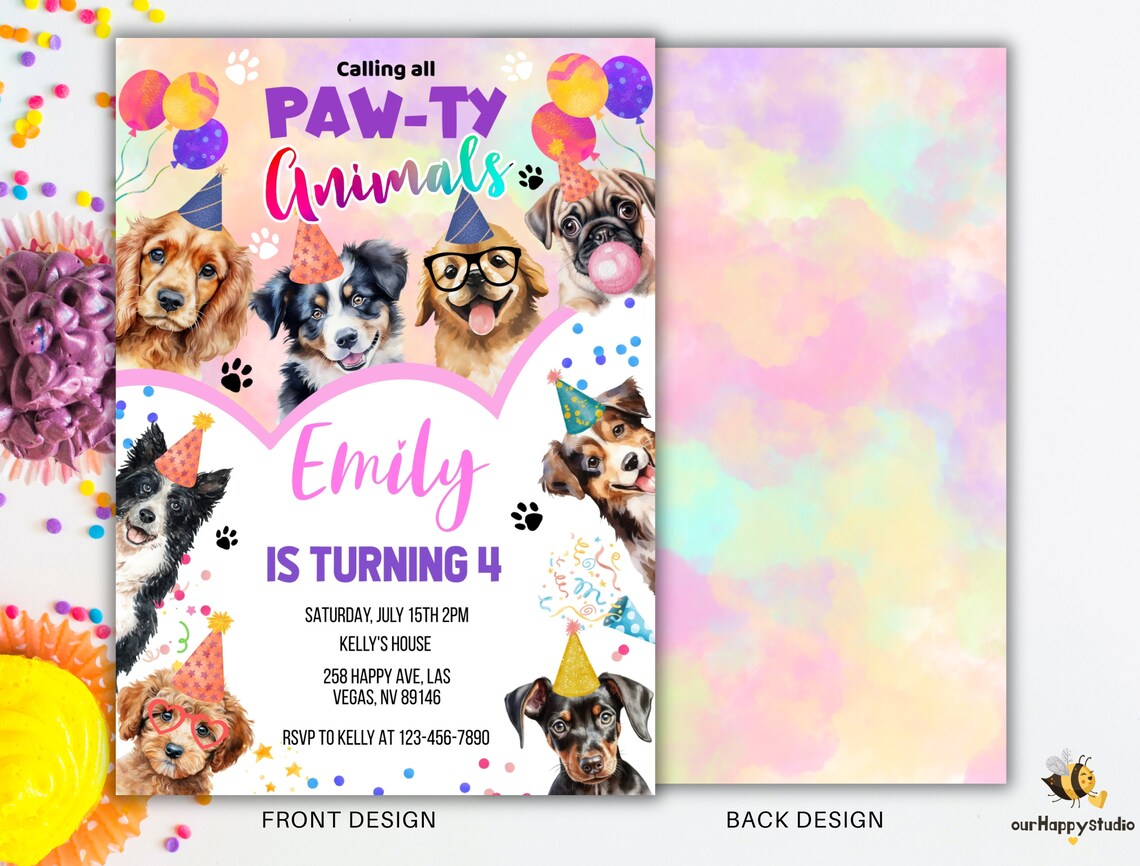 Editable Dogs Birthday Party Invitation Template Pawty Pets Animals ...