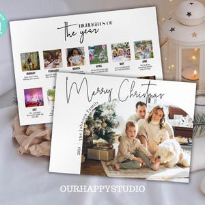 Bewerkbaar jaaroverzicht kerstkaartsjabloon, minimalistische kerstfotokaartsjabloon, jaaroverzicht fotocollagesjabloon, vakantiefoto