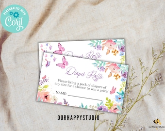 Editable Butterfly Baby Shower diaper raffle ticket, diaper raffle baby shower game printable instant download B04