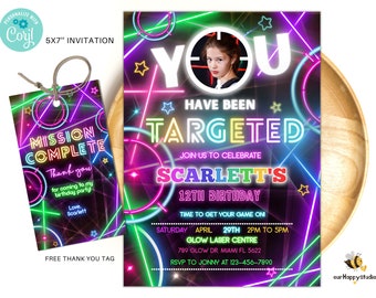 Bewerkbare lasertag foto feest uitnodiging neon verjaardagsfeestje uitnodiging gloed lasertag verjaardag neutrale laser partij instant download LT03