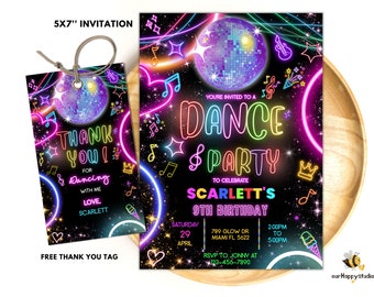 Editable Dance Party Birthday Invitation, Glow Gender Neutral Invites, Neon Dance Party Template, Glow Dance Party Invites Editable Neon D01