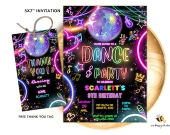 May include: A neon pink, blue, and green invitation for a 9th birthday dance party. The invitation features a disco ball, music notes, and the text "You're invited to a Dance & Party to celebrate Scarlett's 9th Birthday".