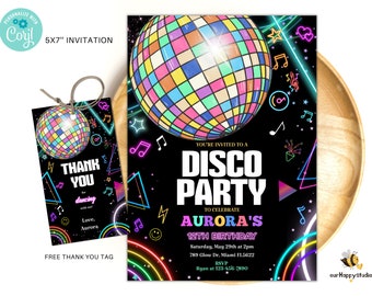 Editable Disco Party Birthday Invitation, Disco Gender Neutral Invites, Dance Party Template, Neon Party Invites Editable Glow Party D03