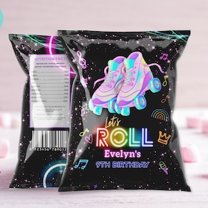 Editable Roller Skating Chip Bag Wrapper Glow Party Glow Gender Neutral  Roller Skating Party Chip bag, Neon Party R03