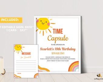 May include: A printable sign and card set for a time capsule party. The sign features a yellow sun with a smiling face and the text "Time Capsule" in orange and white. The text "To be opened on Scarlett's 18th Birthday 16th Aug 2041" is below the sun. The card features a yellow sun with a smiling face and the text "Message for Scarlett".