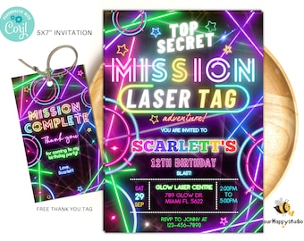 Invitation de fête d'étiquette laser modifiable fête d'anniversaire néon inviter lueur laser tag anniversaire neutre laser mission fête téléchargement instantané LT05