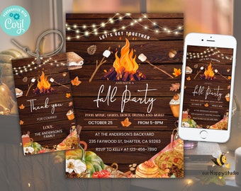 May include: A fall party invitation and thank you tag set featuring a campfire, s'mores, pumpkins, and string lights on a dark wood background. The text reads Let's Get Together and Have a Fall Party, October 25, from 5-8PM, at The Anderson's Backyard.