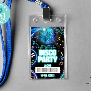 Bewerkbare Disco Party VIP backstage pass-sjabloon, verjaardag toegangskaartsjabloon, Glow dance party VIP-badge voor lanyards instant download 02