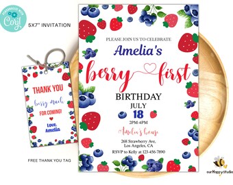 Editable Berry First Birthday Invite template, Strawberry 1st Birthday Invitation, Berry party invite, fruit girl birthday invitation SBB01