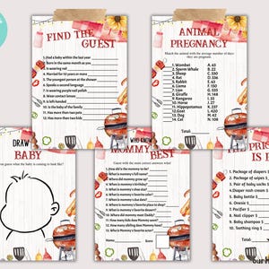 Op de afbeelding: Een set met printbare babyshower-spellen met een barbecue-thema. De spellen omvatten "Vind de gast", "Dierlijke zwangerschap", "Wie kent mama het beste", "Baby tekenen" en "De prijs is goed".