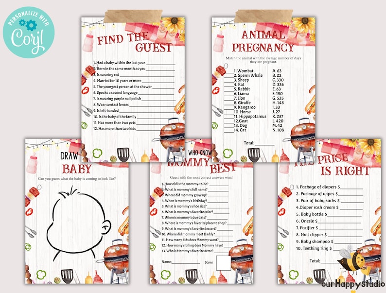 Op de afbeelding: Een set met printbare babyshower-spellen met een barbecue-thema. De spellen omvatten "Vind de gast", "Dierlijke zwangerschap", "Wie kent mama het beste", "Baby tekenen" en "De prijs is goed".