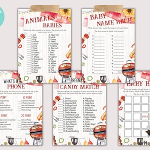 Op de afbeelding: Een set met printbare babyborrelspelkaarten met een barbecue-thema. De kaarten bevatten een verscheidenheid aan spellen, waaronder "What's in Your Phone", "Baby Name Race", "Candy Match" en "Baby Bingo". De kaarten zijn versierd met een aquarel-illustratie van een barbecue, hotdogs en zonnebloemen.