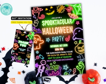Editable Neon Halloween Party Invite glow SPOOKTACULAR invitation Halloween Invitation Halloween spooky party invite HW08