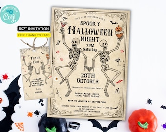 Szablon zaproszenia na Halloween w stylu vintage | Edytowalna ulotka z motywem strasznego szkieletu | Wydrukowane zaproszenie na imprezę w stylu gotyckim na Halloween